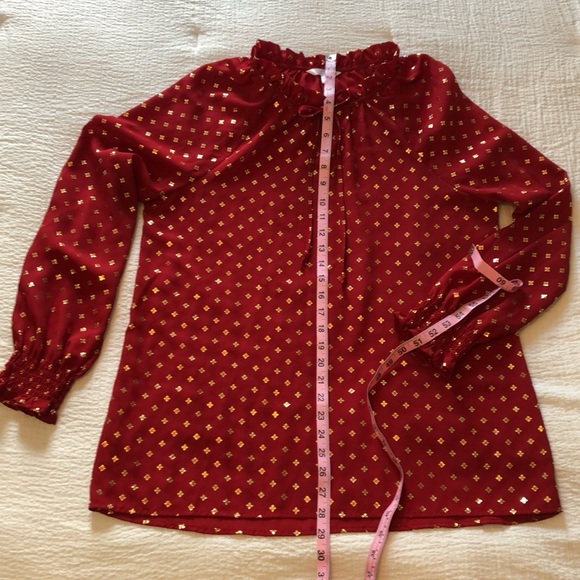 Time and Tru Red & Gold Dress Blouse w/ Ruched collar and Smocked Sleeve Cuffs - Picture 9 of 13